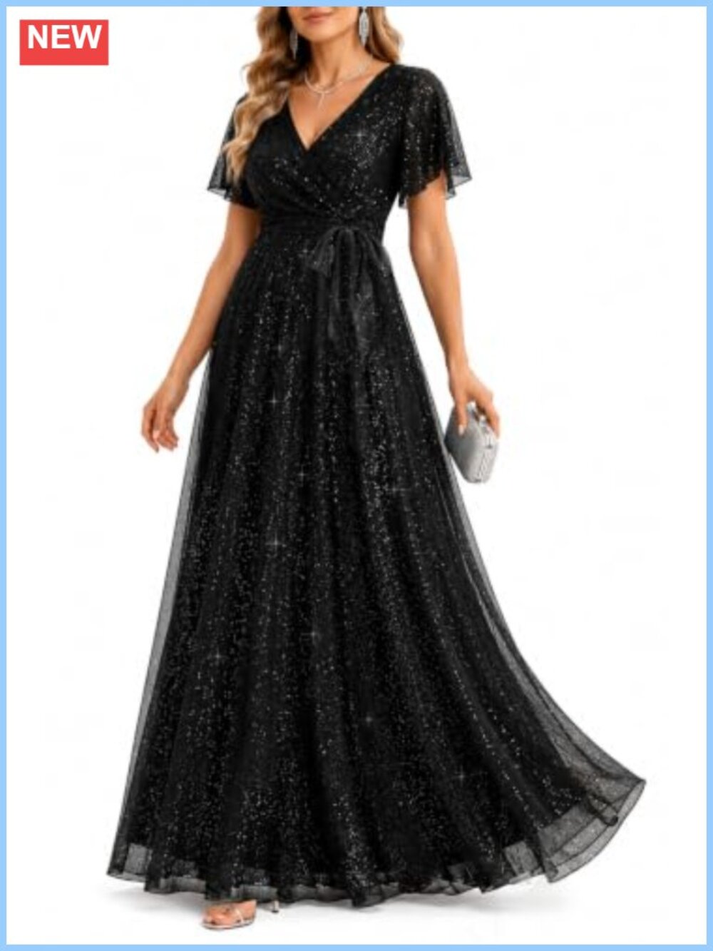 Shimmer Formal Evening Maxi Dress V-Neck A-Line Flutter Sleeve